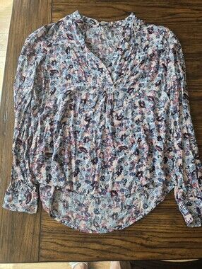 Lucky Brand Pink and Light Blue Floral V-Neck Blouse